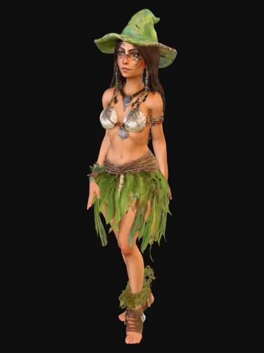 3D model for Fierce jungle girl character for a medieval fantasy game — athletic and wild appearance, tanned skin, long unkempt dark hair braided with beads and feathers, wearing primitive clothing made of animal furs, leaves, and vines. Covered in tribal bone jewelry: tooth necklaces, bone bracelets, and shell anklets. Eyes full of wild intensity, war paint on face and body in natural earth tones. Carries a handmade weapon like a bone dagger or wooden spear. Her look is feral, mystical, and connected to the jungle — adorned with jungle-themed accessories like carved wooden charms, feathers, and animal teeth. Background setting is tropical jungle ruins or a wild forest, evoking a raw, untamed energy. High detail, game-ready 3D model, cinematic lighting, full body, realistic proportions.