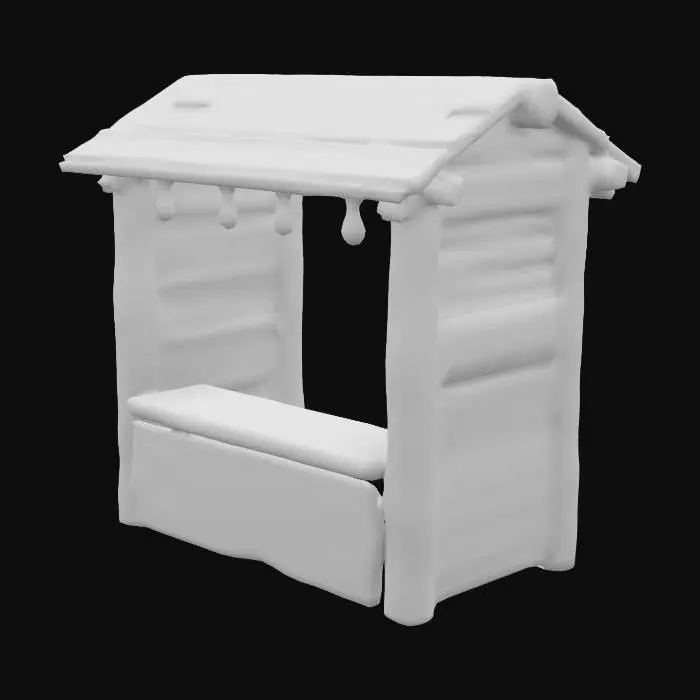 3D model for Realistic wooden, rustic kiosk, bark, logs, natural, stall. Big arrow with rainbow light bulbs, wooden sign