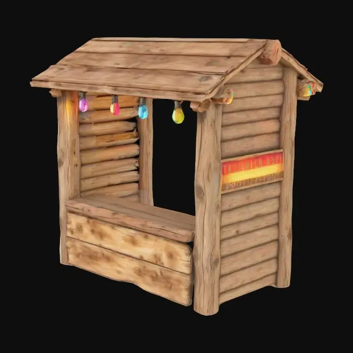 3D model for Realistic wooden, rustic kiosk, bark, logs, natural, stall. Big arrow with rainbow light bulbs, wooden sign