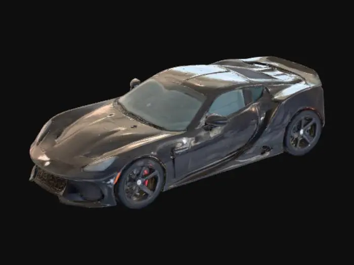 3D model for Изящный черный спорткар с низкой посадкой, его глянцевый кузов из углеродного волокна отражает свет, словно полированное зеркало. Он имеет аэродинамические линии, острые грани и широкие, агрессивные воздухозаборники. Тонированные стекла сливаются с общей темной палитрой, а матово-черные диски дополняют его мощный и элегантный облик, создавая ощущение скорости даже в статике.