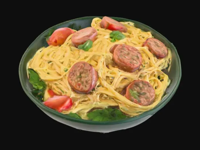 3D model for Спагетти с помидорами, сосисками и зеленью в темно-зеленой миске. , #food#,  