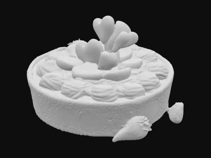 3D model for Шиколадно-ванильный пирог с посыпкой, верх пирога покрыт светло-желтым кремом с шоколадными сердечками, на верху кусочки банана и клубника. , #food#