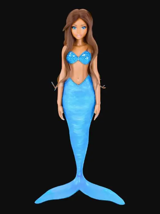 3D model for A beautiful light skin black woman with long brown hair with blue eyes with a crystal blue top with a crystal blue mermaid tail