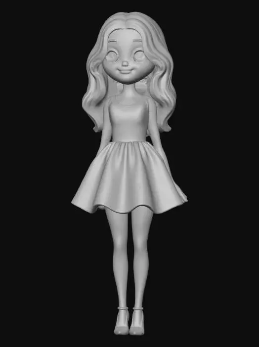 3D model for A light brown girl with black medium length hair, big brown Barbie eyes, a short orange dress, orange heels on,