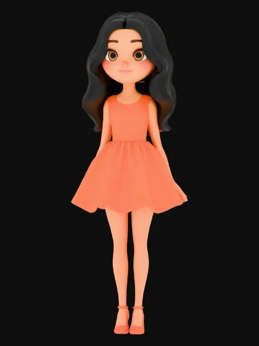 3D model for A light brown girl with black medium length hair, big brown Barbie eyes, a short orange dress, orange heels on,