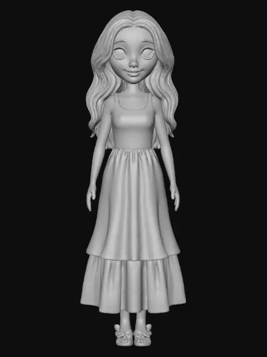 3D model for A tall white girl, with brown long hair, big blue Barbie eyes, in a pretty flower dress, with cute matching sandals on, her hands beside her,