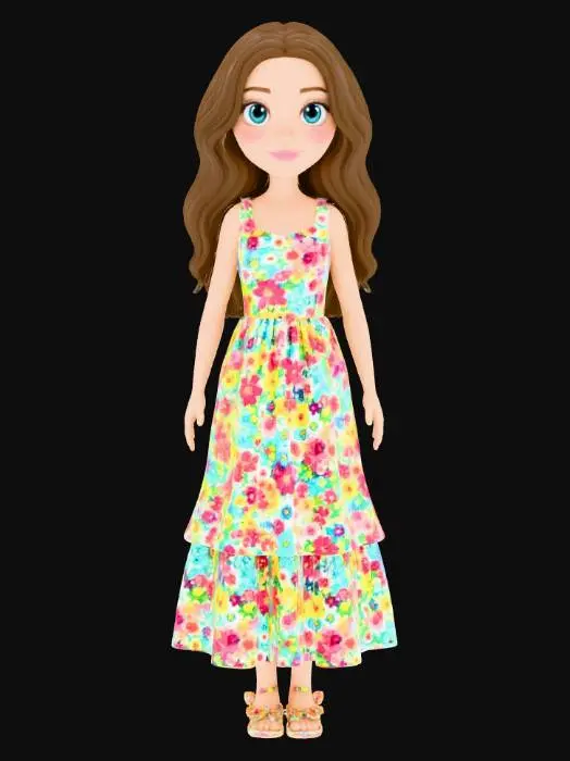 3D model for A tall white girl, with brown long hair, big blue Barbie eyes, in a pretty flower dress, with cute matching sandals on, her hands beside her,