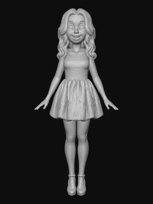 3D model for A light brown girl with black medium length hair, big brown Barbie eyes, a short yellow dress, pink heels on, her arms and hands are upfront beside,