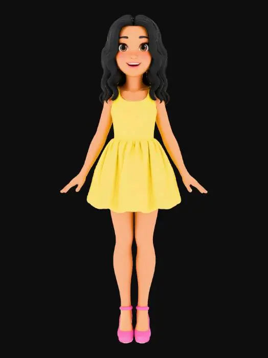 3D model for A light brown girl with black medium length hair, big brown Barbie eyes, a short yellow dress, pink heels on, her arms and hands are upfront beside,