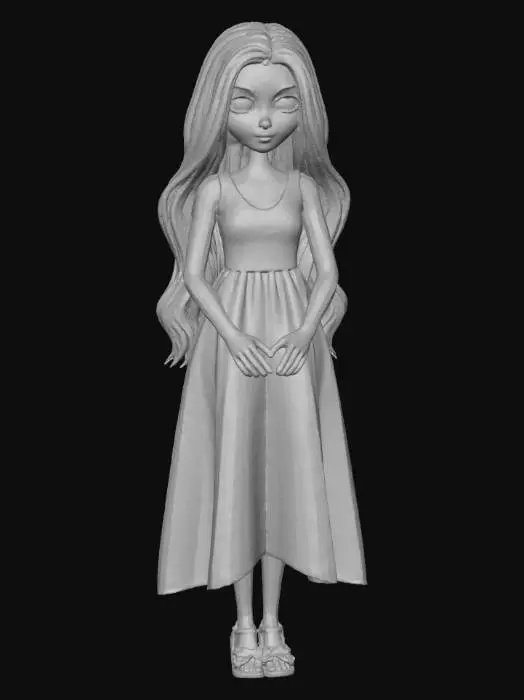 3D model for A tall white girl, with brown long hair, big blue Barbie eyes, in a pretty flower dress, with cute matching sandals on, her hands upfront beside her,