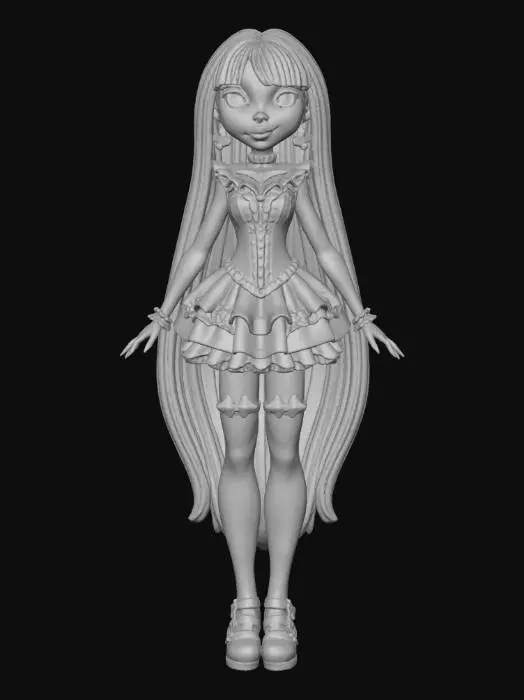 3D model for 3D Monster High a tall Draculaura with black hair and pink stripes her arms and her hands beside her