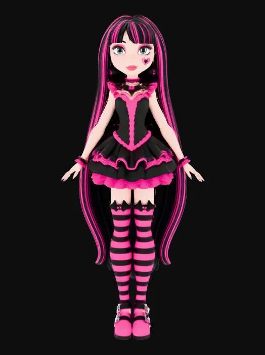 3D model for 3D Monster High a tall Draculaura with black hair and pink stripes her arms and her hands beside her