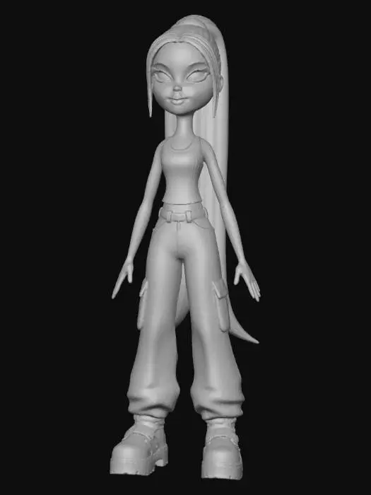 3D model for 3D old school a tall Sasha from Bratz brown hair in a long ponytail wears a green tank top with camouflage pants with green platform boots her hands and arms beside her