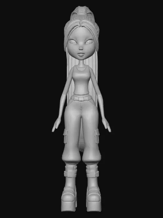 3D model for 3D old school tall Yasmin from Bratz brown hair in a long ponytail has a beauty mark under her left eye wears a pink tank top with pink camouflage pants with pink platform boots her hands and arms beside her