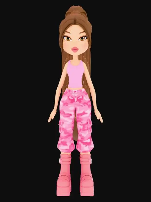 3D model for 3D old school tall Yasmin from Bratz brown hair in a long ponytail has a beauty mark under her left eye wears a pink tank top with pink camouflage pants with pink platform boots her hands and arms beside her