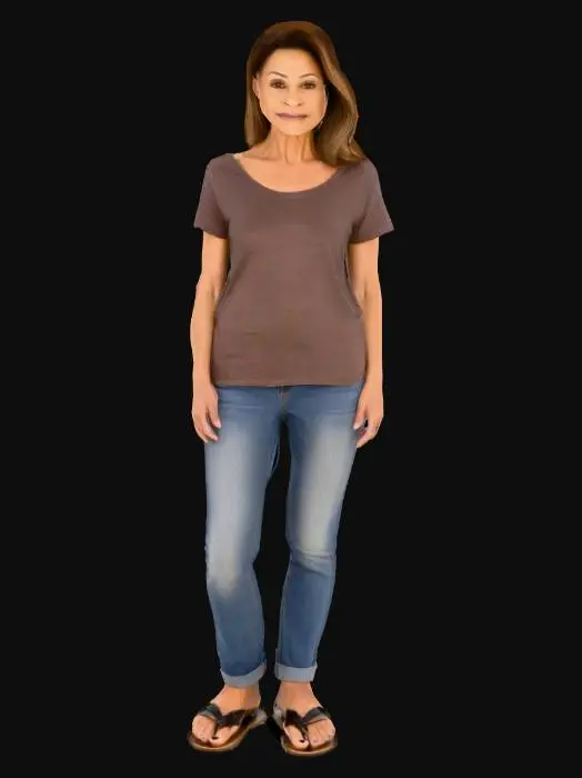 3D model for A light skin tall brown motherly woman with brown hair brown almond eyes wearing a shirt blue jeans and black flip flops with her hands by her side