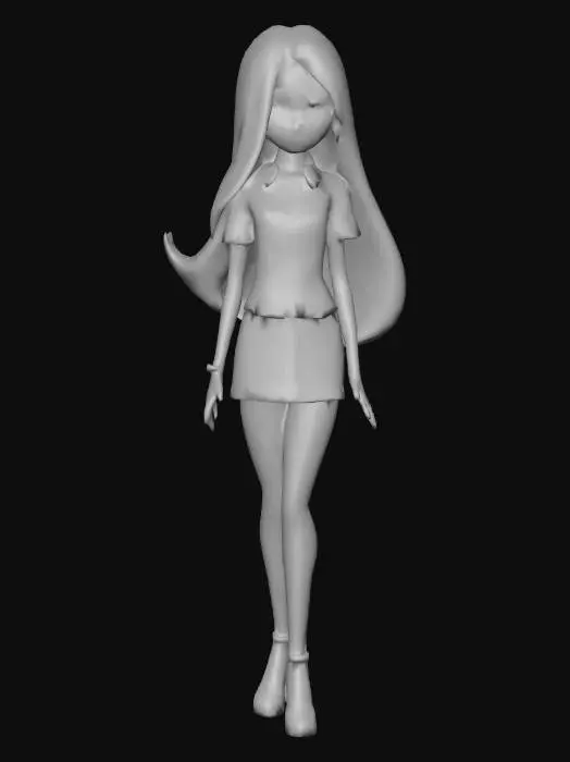 3D model for A Bratz Yasmin Doll with a blue shirt with a yellow sunflower in the middle she wears a blue jean denim skirt with black high heels