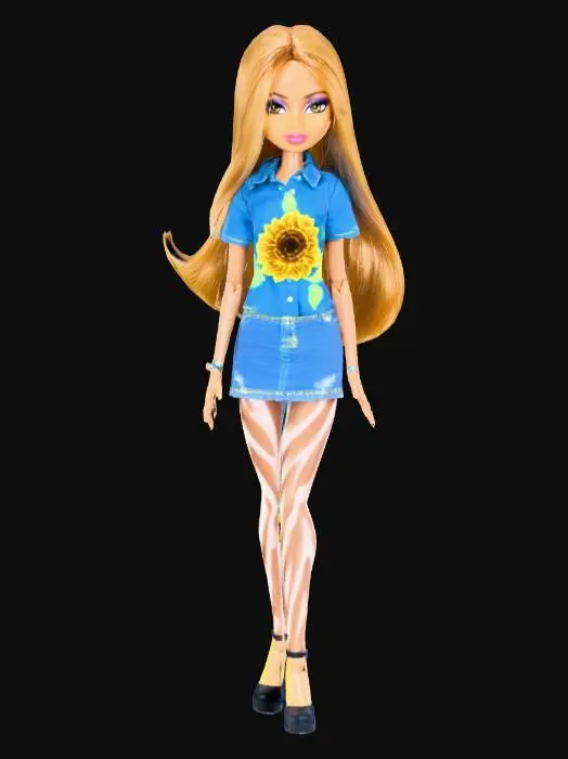 3D model for A Bratz Yasmin Doll with a blue shirt with a yellow sunflower in the middle she wears a blue jean denim skirt with black high heels