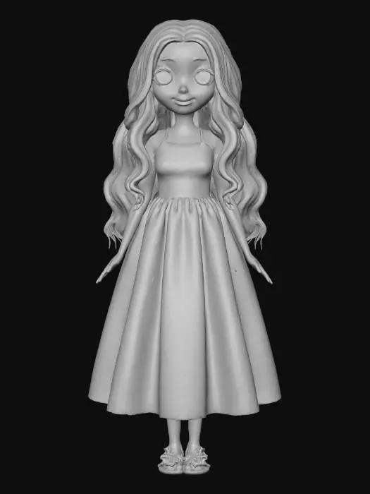 3D model for A tall white girl, with brown long hair, big blue Barbie eyes, in a pretty flower dress, with cute matching sandals on, her hands beside her,
