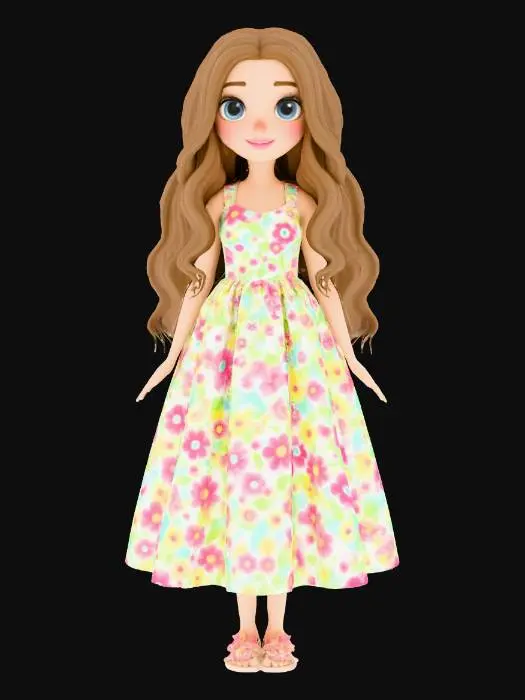 3D model for A tall white girl, with brown long hair, big blue Barbie eyes, in a pretty flower dress, with cute matching sandals on, her hands beside her,