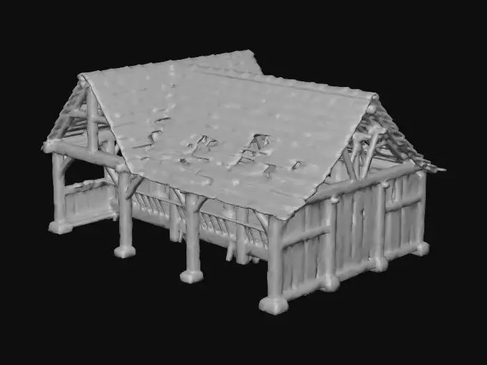 3D model for The Stable

A large, medieval timber post stable with a half-wall design and open front. Inside, feeding troughs, and wooden partitions. The roof is rough slate with a few holes of honest age.
Mood: golden-hour light, earthy tones.
Style tags: painterly historical texture, simple rural design.

Just show the building, without any additional foreground props or characters