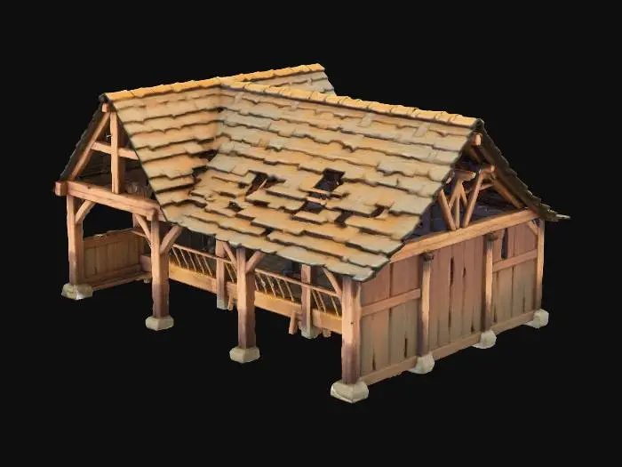 3D model for The Stable

A large, medieval timber post stable with a half-wall design and open front. Inside, feeding troughs, and wooden partitions. The roof is rough slate with a few holes of honest age.
Mood: golden-hour light, earthy tones.
Style tags: painterly historical texture, simple rural design.

Just show the building, without any additional foreground props or characters