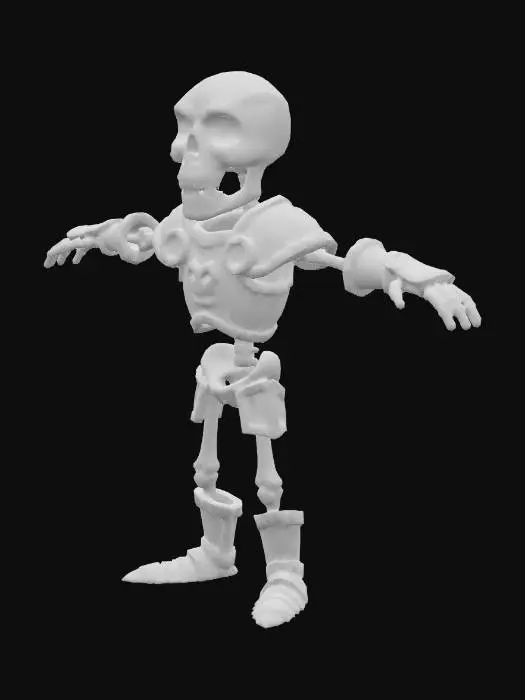 3D model for A stylized medieval fantasy skeleton enemy standing in a T-pose, designed for a semi-cartoonish RPG. The skeleton is tall and thin, with long bony limbs and slightly exaggerated proportions to match a whimsical fantasy style. Its skull is oversized with expressive, hollow eye sockets that give it a mischievous, eerie charm rather than pure horror. The bones are chipped and cracked in places, showing wear from countless battles. It wears it wears heavy armour — with no flowing cloth or capes to avoid animation issues. and should not carry any weapons or items. The design should feel lighthearted and slightly humorous, fitting a comedic medieval fantasy RPG, while still clearly identifying the character as an enemy creature.