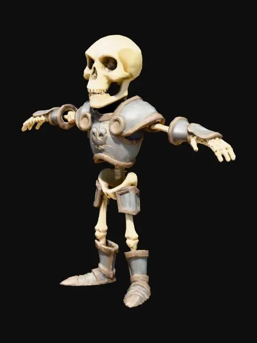 3D model for A stylized medieval fantasy skeleton enemy standing in a T-pose, designed for a semi-cartoonish RPG. The skeleton is tall and thin, with long bony limbs and slightly exaggerated proportions to match a whimsical fantasy style. Its skull is oversized with expressive, hollow eye sockets that give it a mischievous, eerie charm rather than pure horror. The bones are chipped and cracked in places, showing wear from countless battles. It wears it wears heavy armour — with no flowing cloth or capes to avoid animation issues. and should not carry any weapons or items. The design should feel lighthearted and slightly humorous, fitting a comedic medieval fantasy RPG, while still clearly identifying the character as an enemy creature.