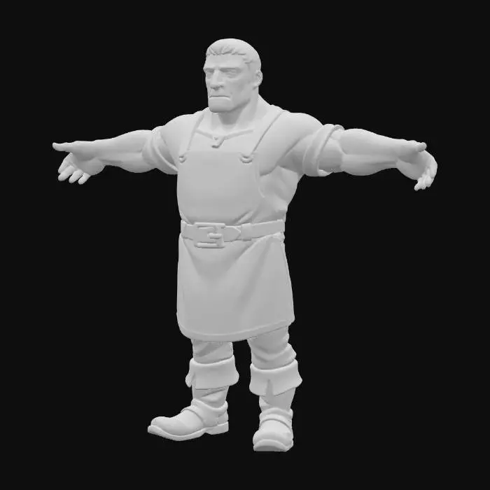 3D model for Using the image as reference, a blacksmith in a cartoon style. The character should have no facial hair and short hair as not to interrupt animations and not be holding any tools or equipment. He should be in t-pose with his hands open and clearly visible.