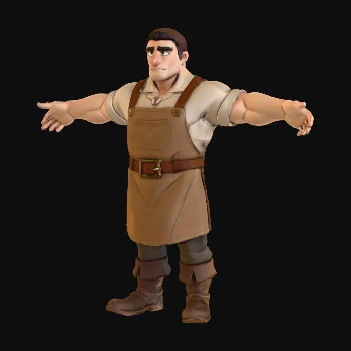 3D model for Using the image as reference, a blacksmith in a cartoon style. The character should have no facial hair and short hair as not to interrupt animations and not be holding any tools or equipment. He should be in t-pose with his hands open and clearly visible.