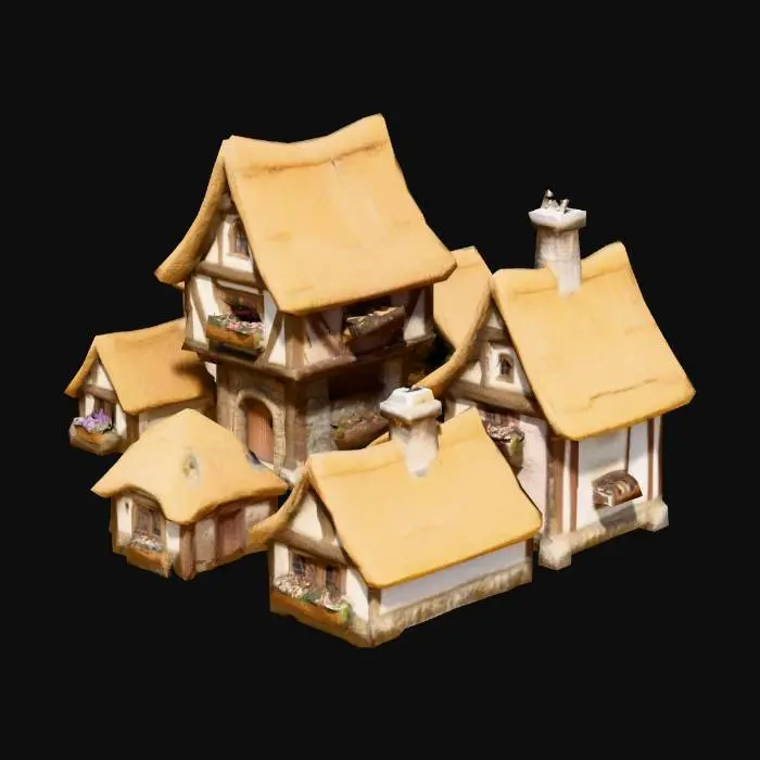 3D model for Please generate images of village buildings similar to those in the provided reference image
