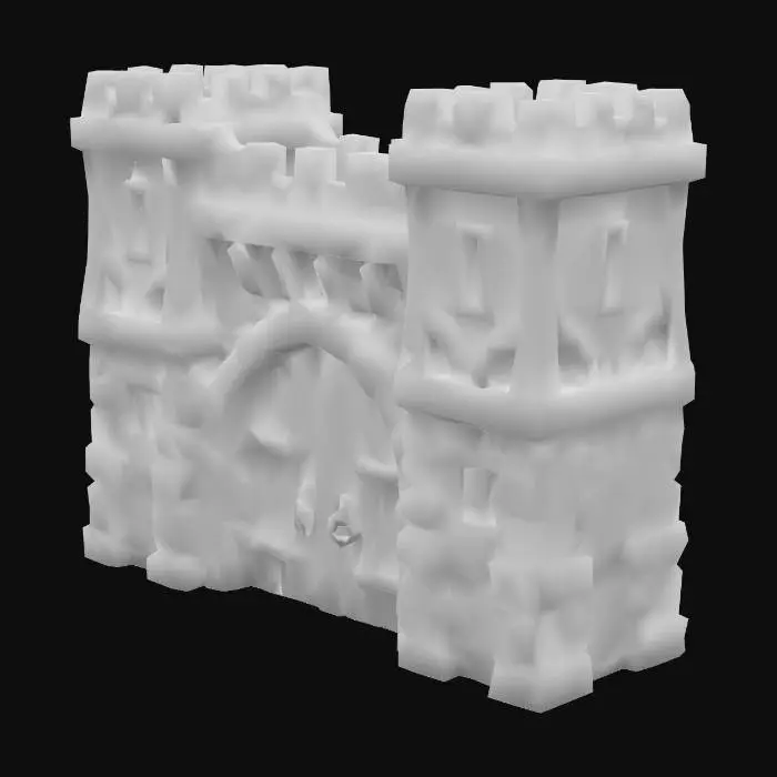 3D model for "Whimsical, slightly cartoony medieval village gatehouse, stone and timber construction, wooden doors, small battlements, arrow slits, clear perspective, semi-realistic lighting, 3D modeling reference."