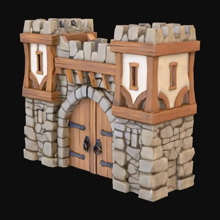 3D model for "Whimsical, slightly cartoony medieval village gatehouse, stone and timber construction, wooden doors, small battlements, arrow slits, clear perspective, semi-realistic lighting, 3D modeling reference."