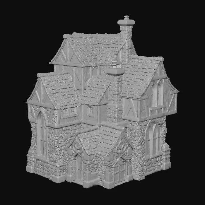 3D model for Please generate similar buildings to the one provided, but larger. Ensure the style is kept. Details, such as moss, cracks, and roof color can be changed.