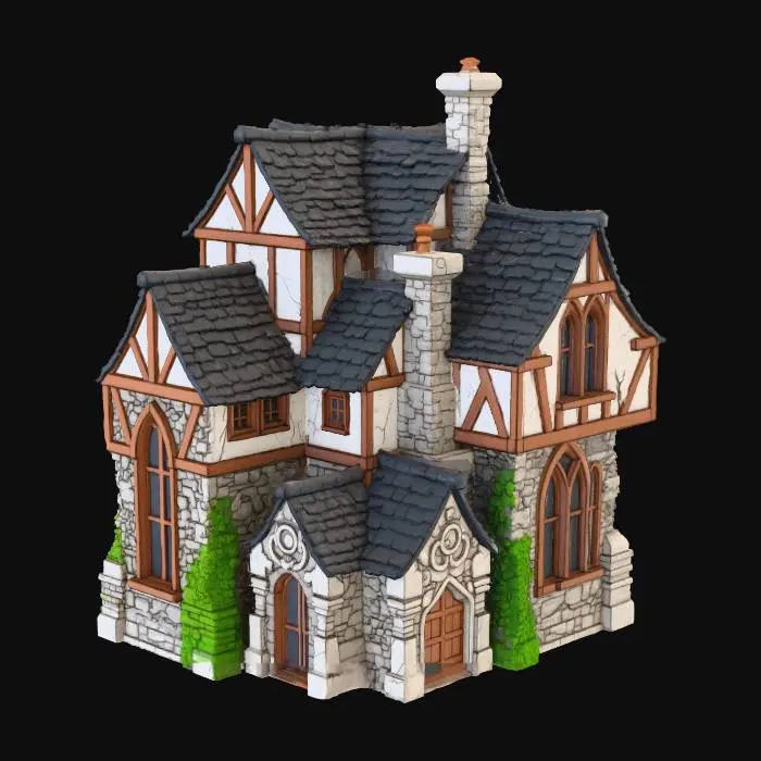 3D model for Please generate similar buildings to the one provided, but larger. Ensure the style is kept. Details, such as moss, cracks, and roof color can be changed.