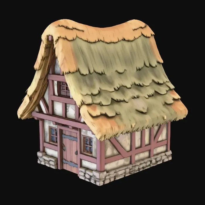 3D model for Please generate a single image of one of the medieval houses along the right hand side of the reference image, ensuring color and style is maintained. The house should be clearly shown on its own in the center of the canvas, with no background