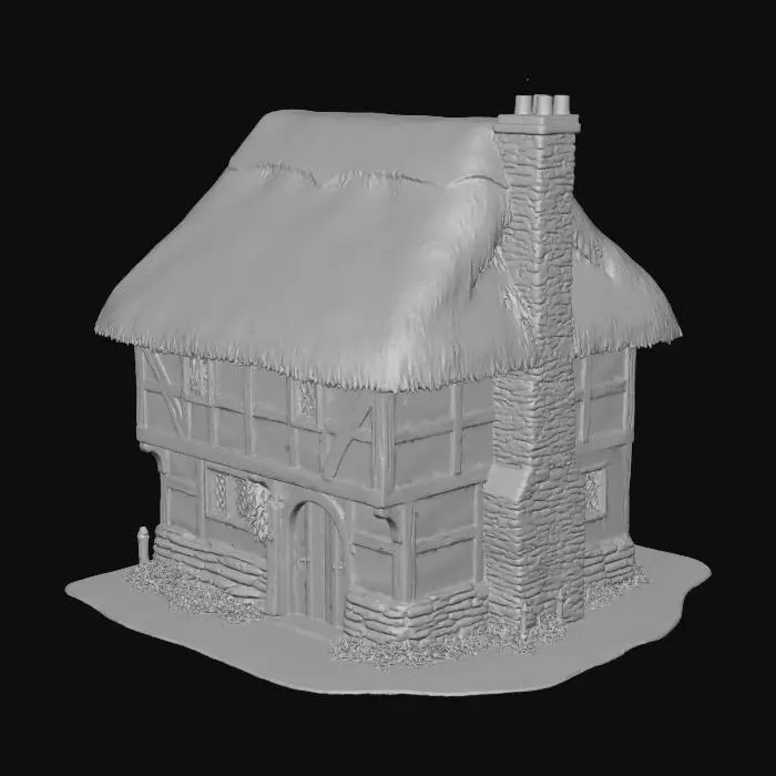 3D model for Village Dwelling (Standard Home)

Size: ~8m wide × 7m tall × 6m deep.
A two-story, half-timbered house with a thatched roof and small leaded windows. Walls are whitewashed daub framed by dark oak beams. Stone chimney, uneven foundation, herbs hanging by the door.
Mood: late afternoon sun, warm golden tones.
Style tags: medieval home, painterly realism, grounded charm, consistent village style.
