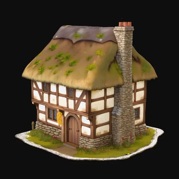 3D model for Village Dwelling (Standard Home)

Size: ~8m wide × 7m tall × 6m deep.
A two-story, half-timbered house with a thatched roof and small leaded windows. Walls are whitewashed daub framed by dark oak beams. Stone chimney, uneven foundation, herbs hanging by the door.
Mood: late afternoon sun, warm golden tones.
Style tags: medieval home, painterly realism, grounded charm, consistent village style.
