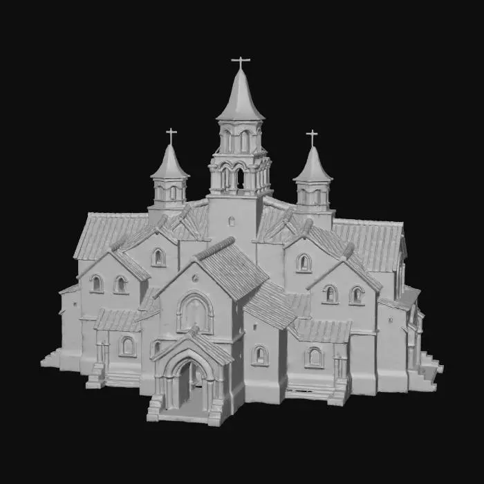 3D model for A stylized medieval fantasy cathedral in whimsical Kingsmith style, shown in a front/side orthographic angle for 3D modeling. The building is tall and dramatic, with soaring spires, oversized arched doors, and crooked stained-glass windows. The towers lean slightly, with uneven stonework and humorous carvings, blending gothic majesty with cartoony exaggeration. Keep the design clean and uncluttered, with clear geometry and modular shapes, suitable for conversion into a 3D model. No background or foliage, only the cathedral.