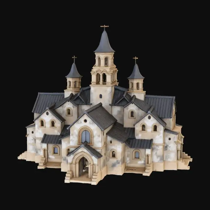 3D model for A stylized medieval fantasy cathedral in whimsical Kingsmith style, shown in a front/side orthographic angle for 3D modeling. The building is tall and dramatic, with soaring spires, oversized arched doors, and crooked stained-glass windows. The towers lean slightly, with uneven stonework and humorous carvings, blending gothic majesty with cartoony exaggeration. Keep the design clean and uncluttered, with clear geometry and modular shapes, suitable for conversion into a 3D model. No background or foliage, only the cathedral.