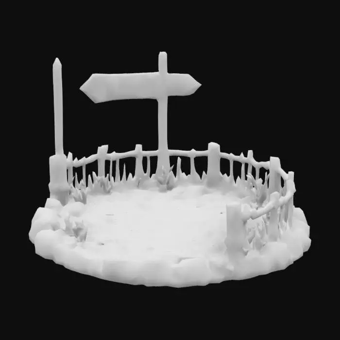 3D model for Medieval nautical-themed train platform: cobblestone base with rough edges, wooden rune-carved signpost, weathered plank-embedded iron rails; style: rustic fusion (medieval + maritime), texture priority: wood>stone>iron, ambient occlusion; lighting: neutral daylight; constraints: no modern parts (wooden pegs only), optional low-poly ferns; tech specs: <5k triangles, asymmetrical layout