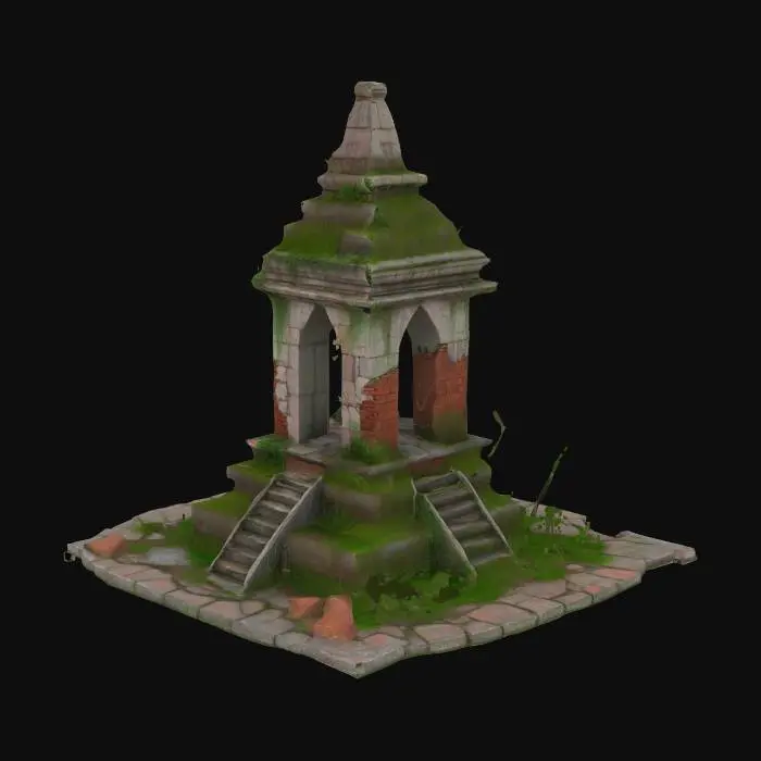 3D model for An ancient Thai stupa (chedi) partially ruined, overgrown with moss and vines, broken bricks and weathered stone, surrounded by cracked pavement and fallen debris, abandoned city theme, realistic 3D model, post-apocalyptic atmosphere