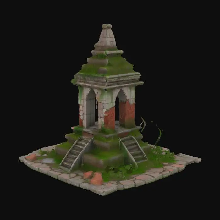 3D model for An ancient Thai stupa (chedi) partially ruined, overgrown with moss and vines, broken bricks and weathered stone, surrounded by cracked pavement and fallen debris, abandoned city theme, realistic 3D model, post-apocalyptic atmosphere