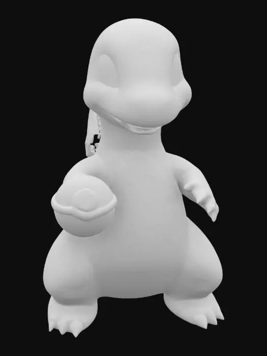 3D model for A stylized 3D model of Charmander standing upright, smiling, and holding a classic red-and-white Pokéball in its right claw. Cartoon-like, smooth features, big eyes, orange body, flame on tail. Friendly expression. Bright, glossy texture. Game-ready style.