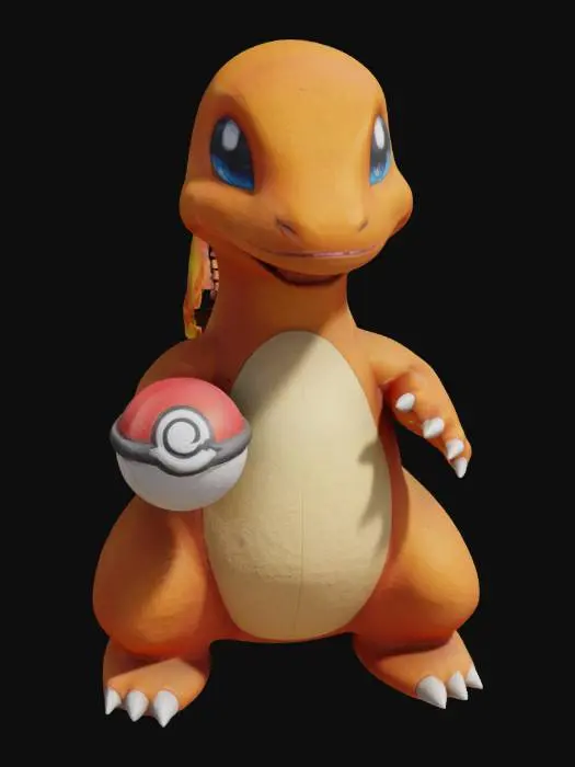 3D model for A stylized 3D model of Charmander standing upright, smiling, and holding a classic red-and-white Pokéball in its right claw. Cartoon-like, smooth features, big eyes, orange body, flame on tail. Friendly expression. Bright, glossy texture. Game-ready style.