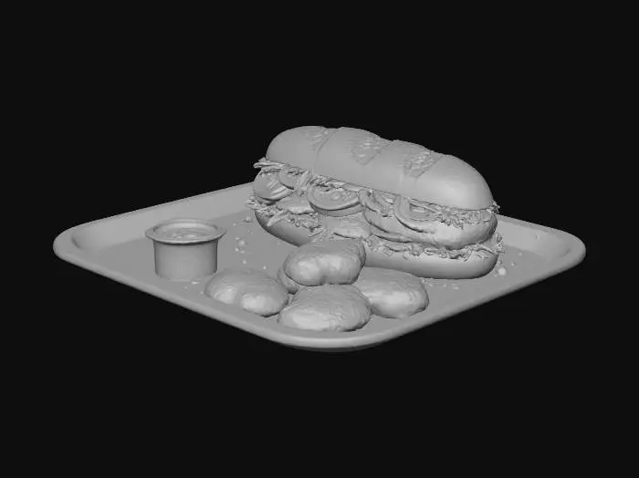 3D model for A fast food order on a tray including a sub sandwich & chicken nuggets