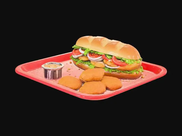 3D model for A fast food order on a tray including a sub sandwich & chicken nuggets