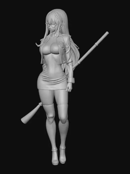 3D model for A tall, voluptuous woman with an exaggerated hourglass figure. She has long, straight silver-blonde hair that reaches her waist and sharp, seductive facial features. She wears thin-framed glasses that highlight her intense, dominant gaze with dark eyeliner and red lipstick. She’s dressed in a tight, tan-colored uniform jacket that accentuates her large bust, paired with a short black skirt and black thigh-high boots. Her posture is commanding and confident, often with a riding crop in hand, exuding a strict and intimidating aura. High detail, anime style. She is really tight.