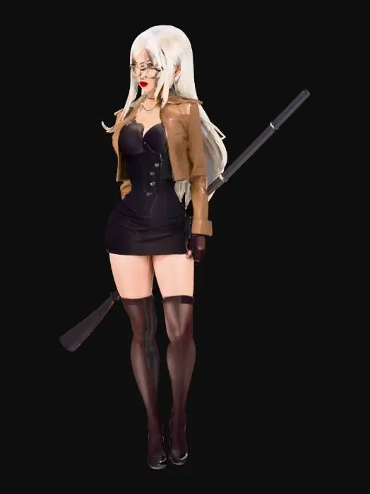3D model for A tall, voluptuous woman with an exaggerated hourglass figure. She has long, straight silver-blonde hair that reaches her waist and sharp, seductive facial features. She wears thin-framed glasses that highlight her intense, dominant gaze with dark eyeliner and red lipstick. She’s dressed in a tight, tan-colored uniform jacket that accentuates her large bust, paired with a short black skirt and black thigh-high boots. Her posture is commanding and confident, often with a riding crop in hand, exuding a strict and intimidating aura. High detail, anime style. She is really tight.