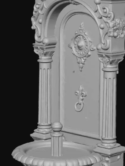 3D model for A dark fantasy Victorian wishing fountain, meticulously crafted from highly polished obsidian and subtly banded onyx stones. Its opulent, multi-tiered structure boasts intricate, gothic carvings that evoke an ominous aura. Dark, dense ivy with deep green leaves tightly entwines around the cold, smooth stone surfaces, interspersed with velvety black roses in full bloom, emphasizing its somber elegance and refined, yet foreboding, presence.